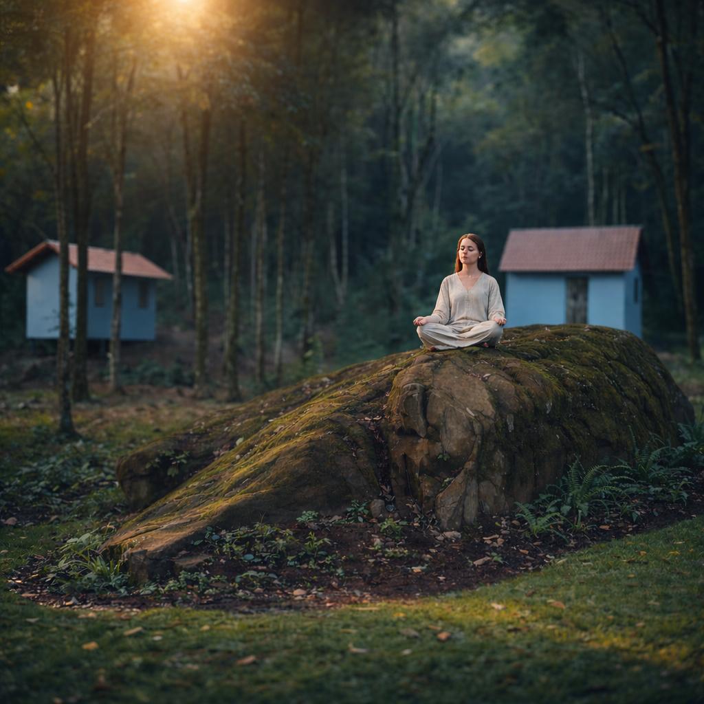 Mulher meditando na pedra ao ar livre no Espaço Luna